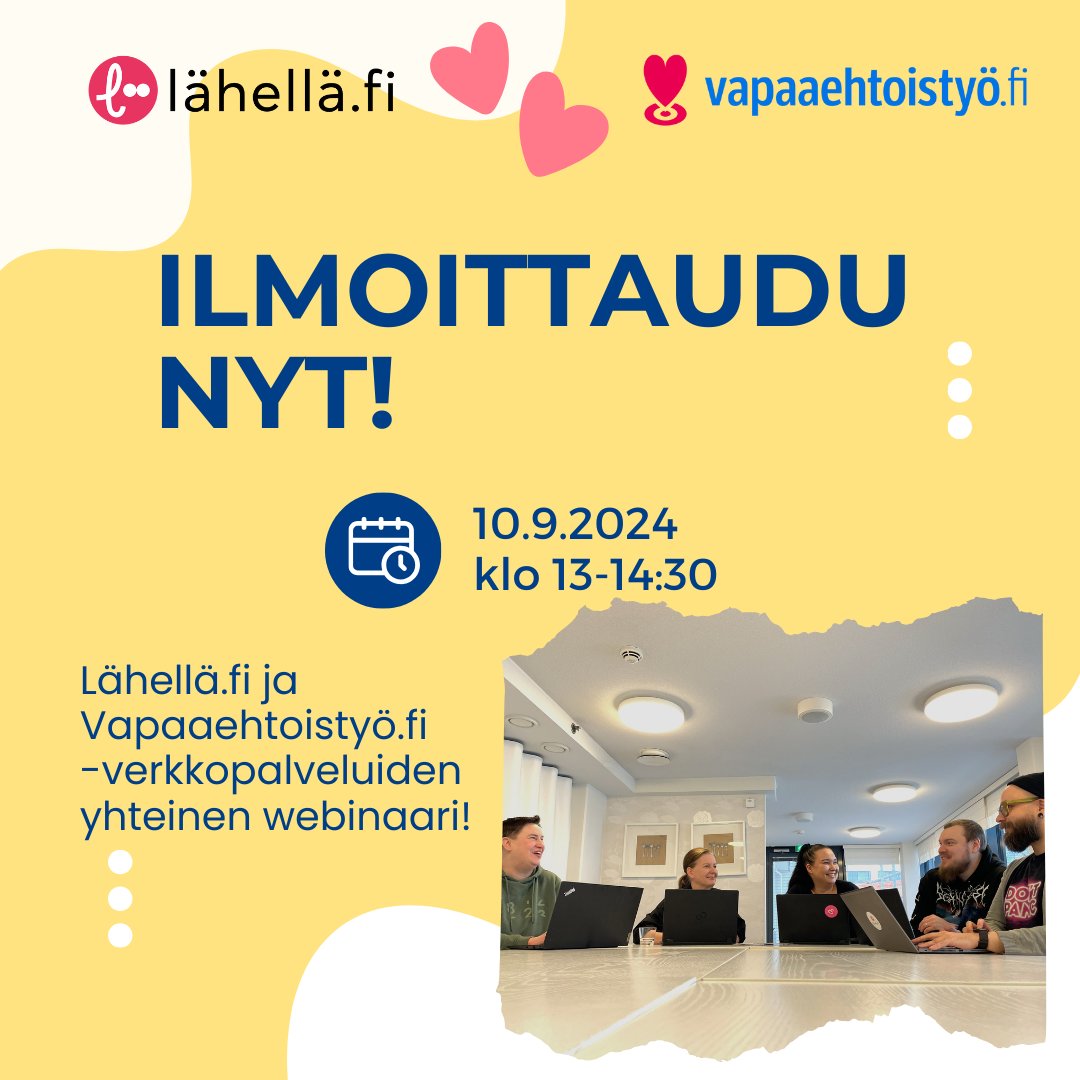 Tervetuloa Lähellä.fi- ja Vapaaehtoistyö.fi-verkkopalveluiden yhteiseen webinaariin 10.9. klo 13-14.30!
Kerromme webinaarissa sivustoistamme, mahdollisuuksista niiden hyödyntämiseksi sekä yhteistyösuunnitelmistamme.
Ilmoittaudu nyt!: link.webropolsurveys.com/Participation/…

#vapaaehtoistoiminta