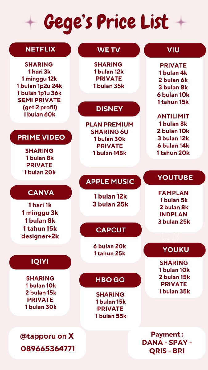 tapporu's tweet image. ️⠀️⠀💌 sedia zoom pro &amp;amp; aplikasi premium (netflix, yt, canva, viu dll) &amp;gt; bergaransi, murmer, trusted (since 2020) 
️⠀️⠀☎️ : wa.me/6289665364771
️⠀️⠀happy shoppingg! 💸🛒