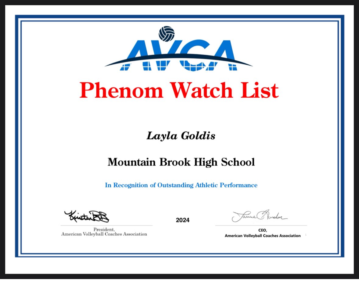 Honored to be named to the 2024 AVCA Phenom Watch List! Thank you so much <a href="/AVCAPhenom/">Phenom</a> <a href="/AVCAVolleyball/">AVCA</a> 

@alabamaperformance <a href="/VBallrecruiter/">Kara Hill</a> <a href="/CoachSamWol23/">Sam Wolinski</a> <a href="/Jennabanz/">Jenna Banz</a>
