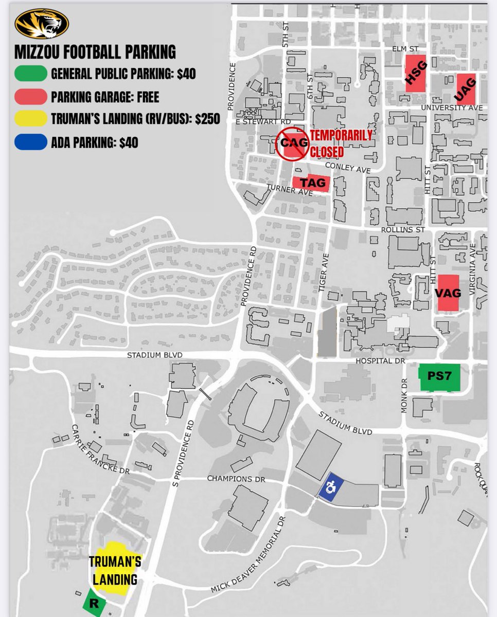 MizzouGameday's tweet image. 🚗🏈 Parking update for football game day: Lot R, PS7 (not available for Thursday night game), and M-ADA are $40 each. Please note, all lots are cashless! @MizzouFootball 
 @MizzouAthletics 
#GameDayParking
