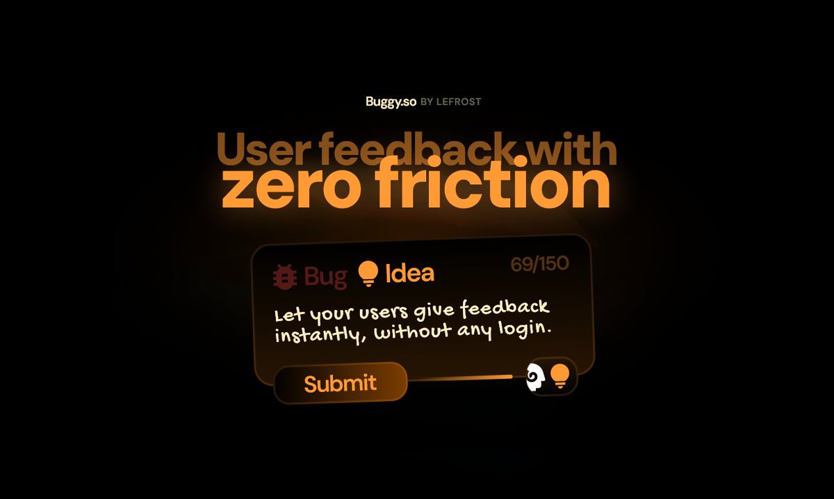 gm, a few days ago I launched Buggy.so 🐞

it lets your users report bugs and share ideas with zero friction

I'm using it in <a href="/suaveseals/">Suave</a>, <a href="/usebullish/">Bullish.lol</a>, Ascend (soon), Lounge (soon), and every other one of my web creations these coming months ⚡️