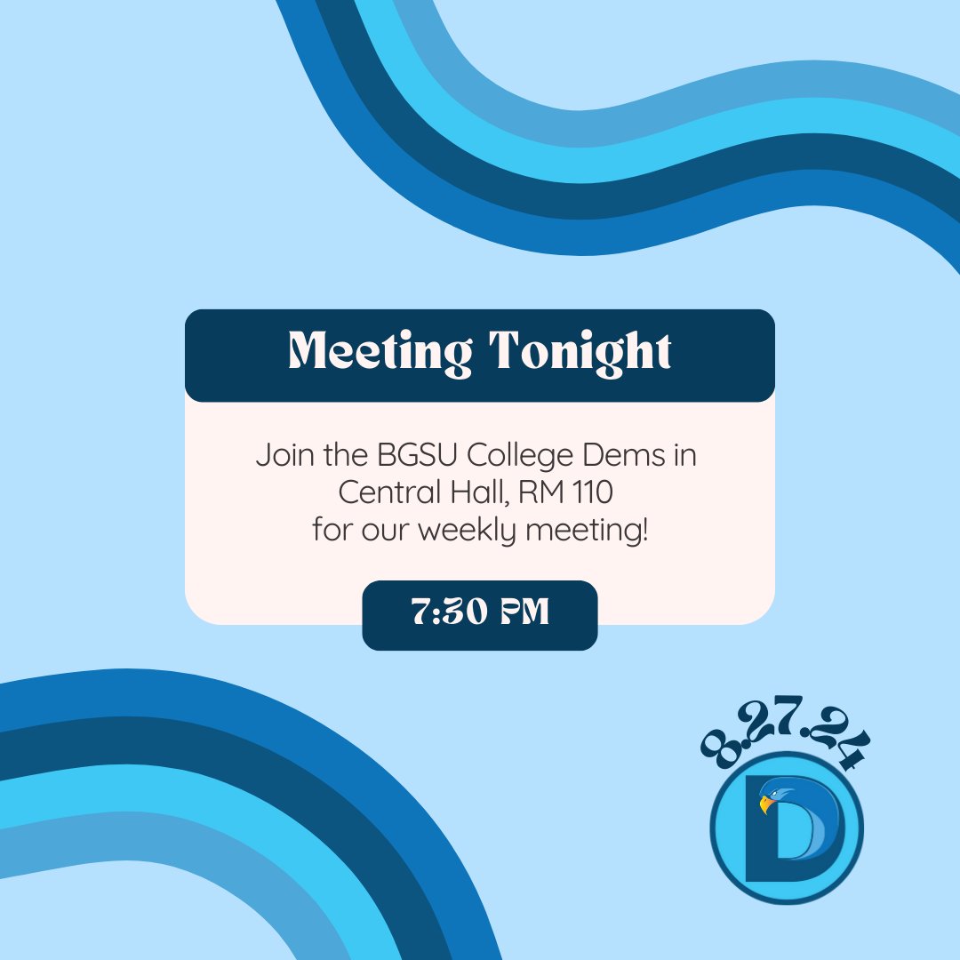 Welcome back Falcons! Join the College Democrats for our first meeting on Tuesday, August 26th in Central Hall at 7:30 PM. This meeting we are going to keep it laid back and get to know each other a little better before we get to work! We look forward to seeing you there!