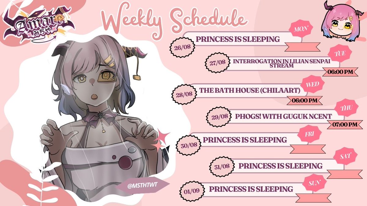 amaremichiya's tweet photo. -`♡´- Weekly Schedule 26 Aug till 1 Sept 2024-`♡´-
Michins-tachi ♡
These are these Week Schedule >ᴗ<
⋆ General: #Amaremichiya
⋆ Fanart: #Amart
⋆ LIVE: #Amalive
⋆ Clip: #pwincessAmaclip
⋆ Meme: #Amameme
⋆ NSFW: #Michiyabai
⋆ Sing Cover: #Amamelody
⋆ Fan name: Michins https://t.co/qw4NPuf7YM
