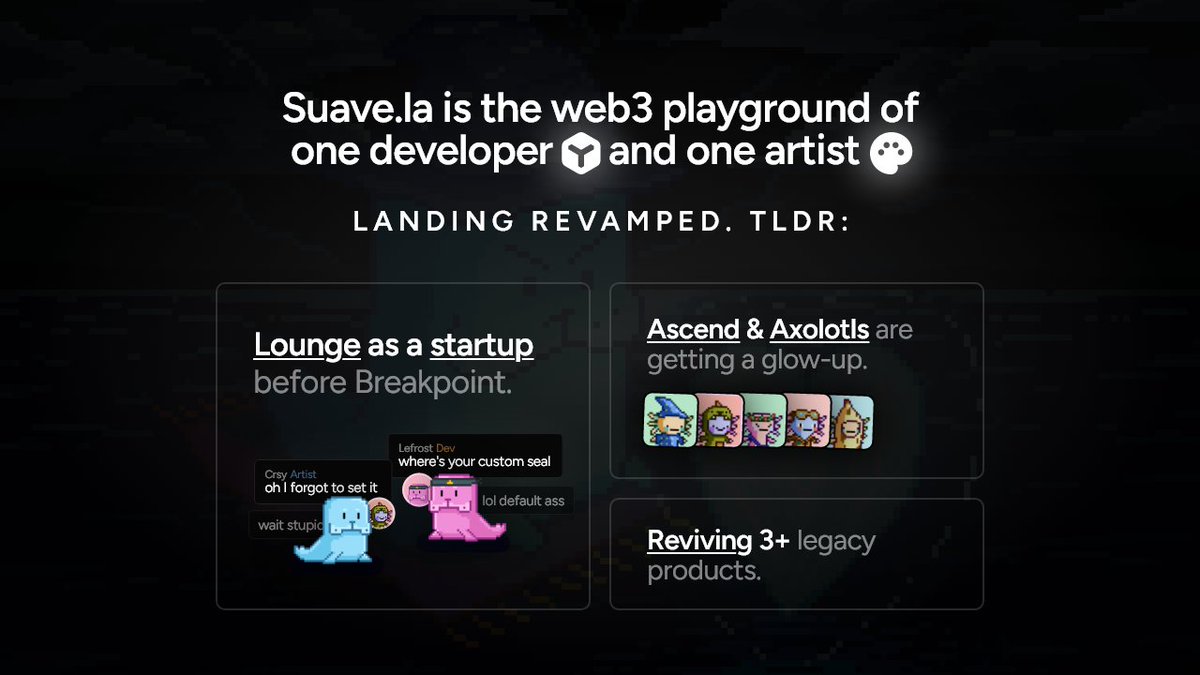 new look for renewed ambitions → Suave.la

y'all really thought Suave wasn't gonna get a glow up and ship a hit startup before Breakpoint 💫