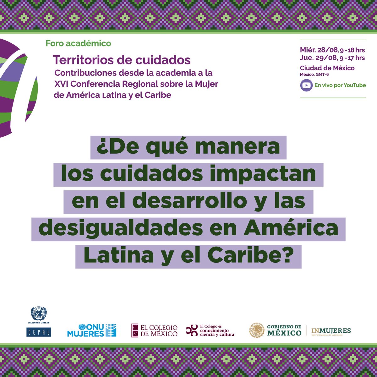 La Agenda Regional de Género reafirma la importancia del cuidado como un derecho, una necesidad, una demanda
creciente, un trabajo y un sector dinamizador del desarrollo
sostenible.

👉🏽Foro académico #TerritorioDeCuidados 
#HablemosDeCuidados