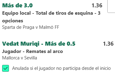 ⚽️ Fútbol - Champions league - La liga

👉🏽Sparta Praga 3.5 tiros de esquina 🇨🇿

👉🏽Vedat Muriqi 0.5 tiros a puerta (Mallorca) 🇪🇸

📈 Cuota/Momio 1.85

📍 STAKE 5

#FreePicks #gamblingx #GamblingTwitter #ChampionsLeague #LaLiga