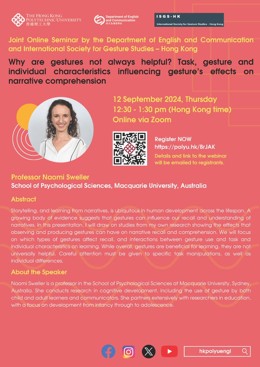 Join us 12th September at 14:00 HK time. Online talk for ISGS HK by Prof. Naomi Sweller - Why are gestures not always helpful? - Register here: polyu.hk/BrJAK