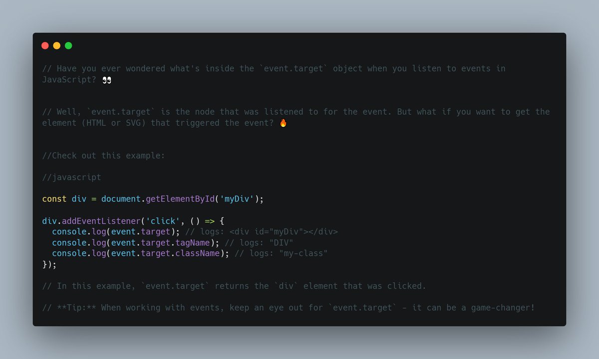TamrakarMahesh2's tweet image. 🎯 Trick 3 of #JavaScript

**The Mysterious `Event.target`**

 #JavaScript #EventListeners #DOM #HTML5 #SVG