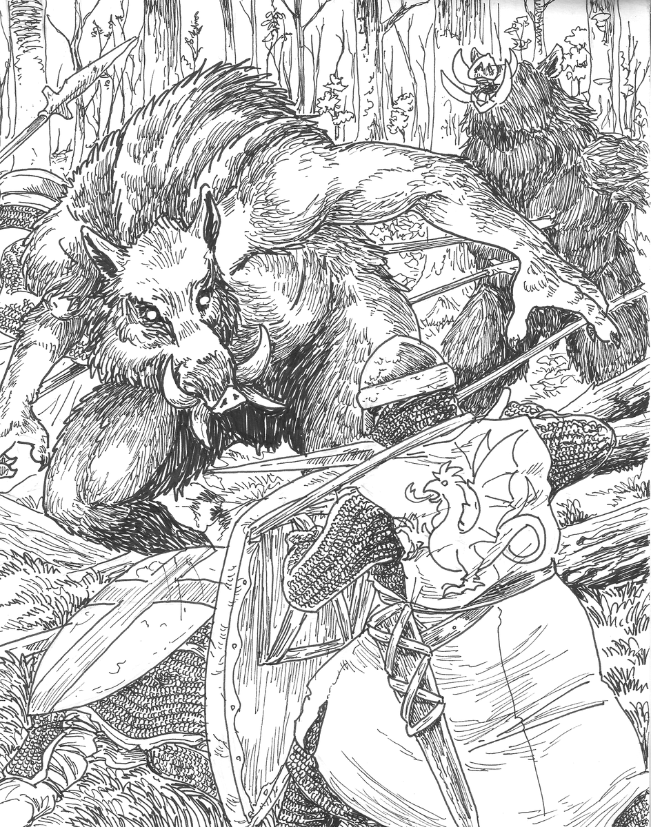 shabazik's tweet photo. The Ungumani is a creature of Piedmont, Italy, a beastly boar man. They originated in a pilgrimage: as people went to the top of a mountain to cleanse themselves of evil thoughts and sins, all those mental wastes ended up in the bottom, giving birth to these monsters. #drawing https://t.co/0Wr8V2GGnB