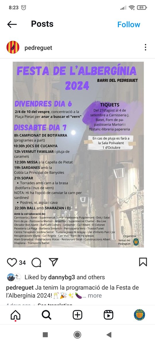 Festa de l'Albergínia 2024 - Barri del Pedreguet
Dies 6 i 7 de setembre.
En cas de pluja, es farà a la sala polivalent 1 d'octubre. Compra de tiquets fins el 4 de setembre.
Organitza: Veïnat del Pedreguet.