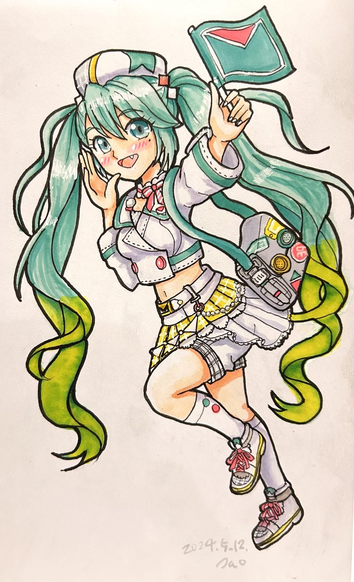 初音ミク「コムロさんのミクさん!旗を振って、「こっちだよー」と案内してくれているホー?(*」|piapro(ピアプロ)のイラスト