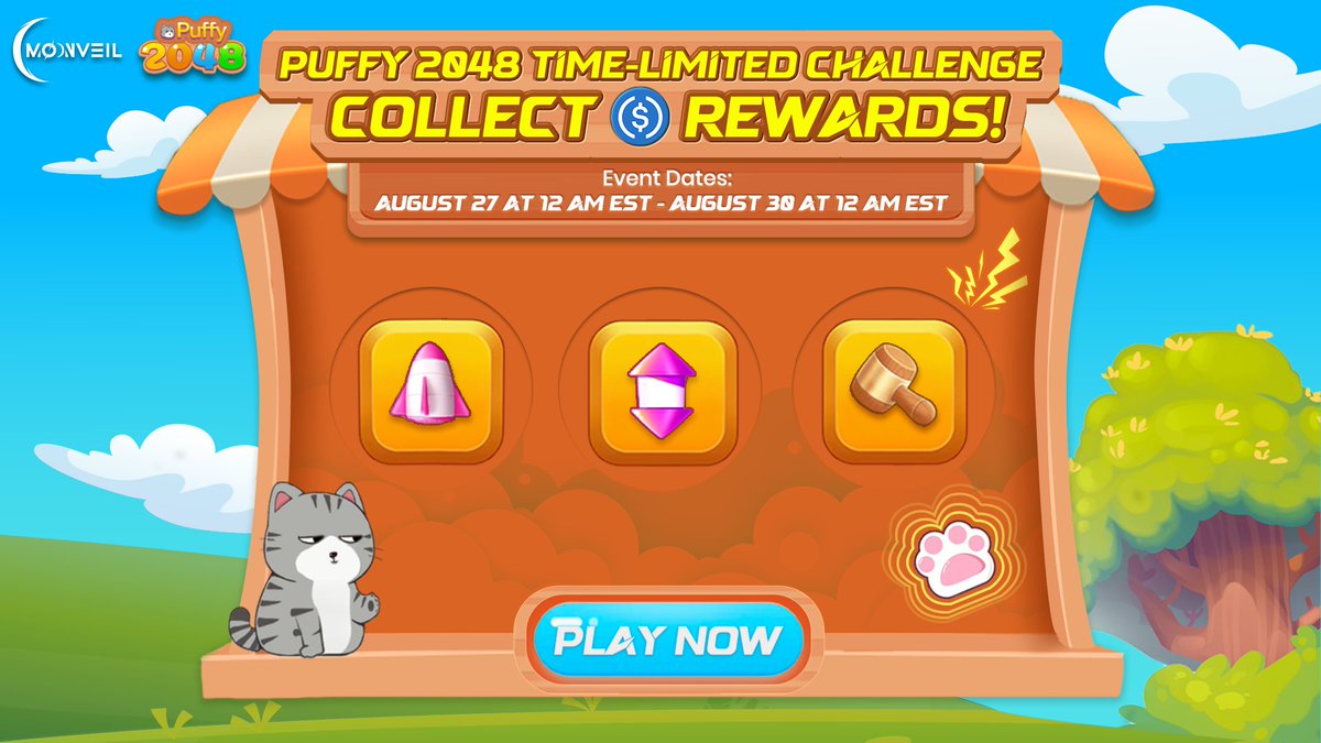 Moonveil_Studio's tweet image. Simple fun for everyone —— Moonveil Mini is here.

Spend a little, win a lot! 

The Puffy 2048 Time-limited Challenge starts NOW! 🎮

Complete quests to win 𝐔𝐒𝐃𝐂 rewards!

🗓 Aug 27, 12 AM EST — Aug 30, 12 AM EST

🥇 Tasks: 

1️⃣ Use Prop Rocket 3x 
2️⃣ Score 5,000 points
3️⃣…