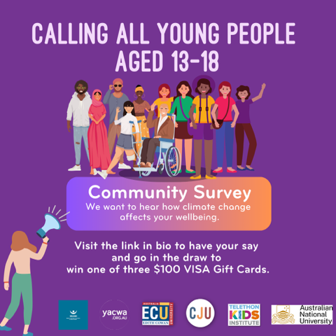 Are you aged 13-18 and living in Western Australia?
Share how climate change affects your wellbeing, and how children and youth services can better respond to these impacts.
anu.au1.qualtrics.com/jfe/form/SV_3n…