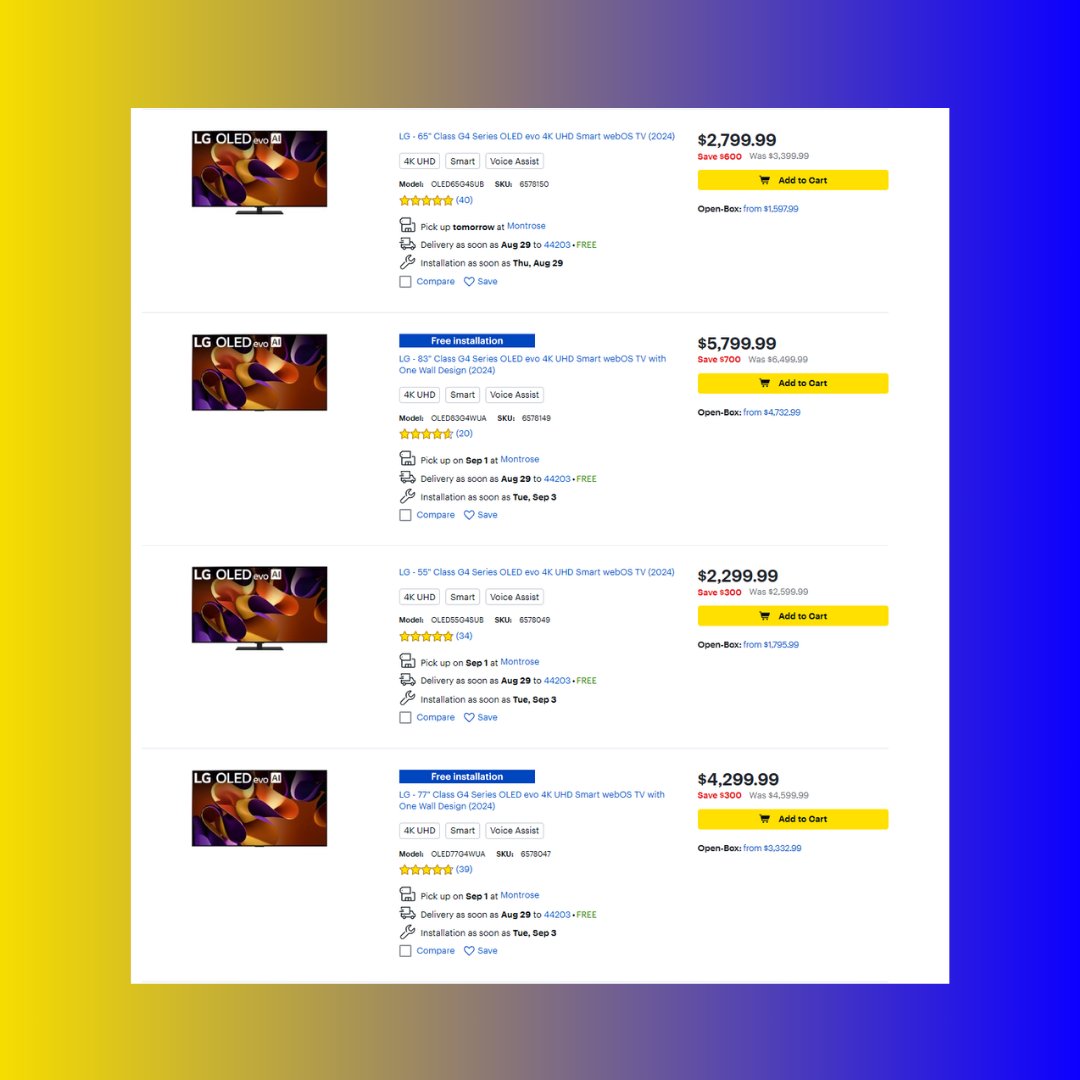 Current new TV deals at Best Buy I would recommend the most. For the LG G4, Samsung S95D/S90C/S90D/QN90C, and TCL QM8. The 83" G4 has dropped a lot down to $5,799 and the 98" TCL QM8 is $3,999. The Samsung QN90C could be the last good ADS Pro LCD we get from them, and the 85" is