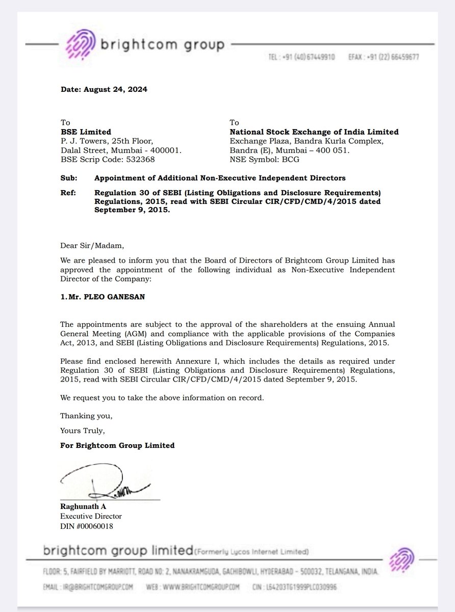 sustainme_in's tweet photo. Brightcom Group - The board also approved the appointment of Mr. Pleo Ganeshan as an Additional Director.
#bcg #brightcom #brightcomgroup
#adtech #digital #zcatagory #suspended #trading #savebrightcominvestors #stockstofocus #sensex #Nifty #director https://t.co/22eoHVMp5b