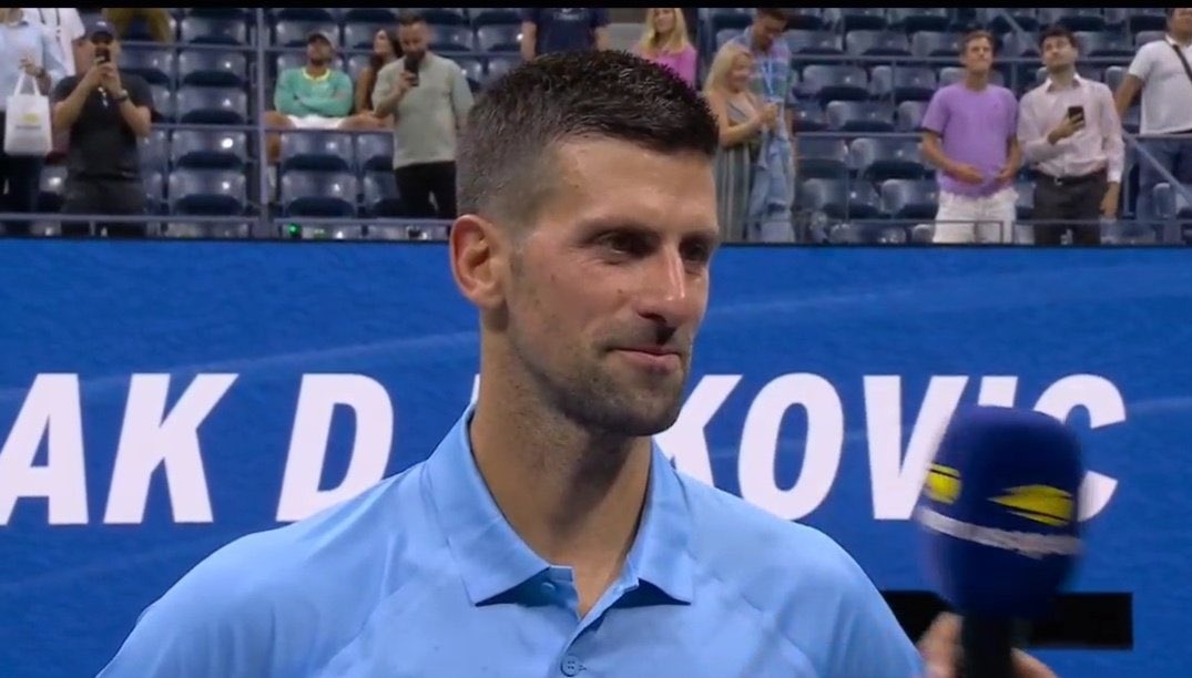 TheTennisLetter's tweet photo. Novak Djokovic after beating Albot at US Open

James Blake: “37 years old and you look like you’re moving at 21 years old. How do you do this for this long?”

Novak: “there’s not one word or secret that would describe it all. It’s just a way of life. Way to approach my tennis career. I was fortunate very early on in my life to be surrounded by knowledgeable and passionate people who were kind enough to share their guidance with me for years and they taught me very early on that prevention equals longevity. Stretching. Warm up. Everything I do early on in my life will come back to me later in my career. The body is one part. The mentality and emotional, mental aspect is something on the other side. You’ve got to find the optimal balance between the two. I’m still enjoying myself to compete. I’m very self critical on the court. I get frustrated at times. At the end of the day, this sport gave me so much. Me continuing to play and giving 100% every time I step on the court is paying back to this wonderful sport.”