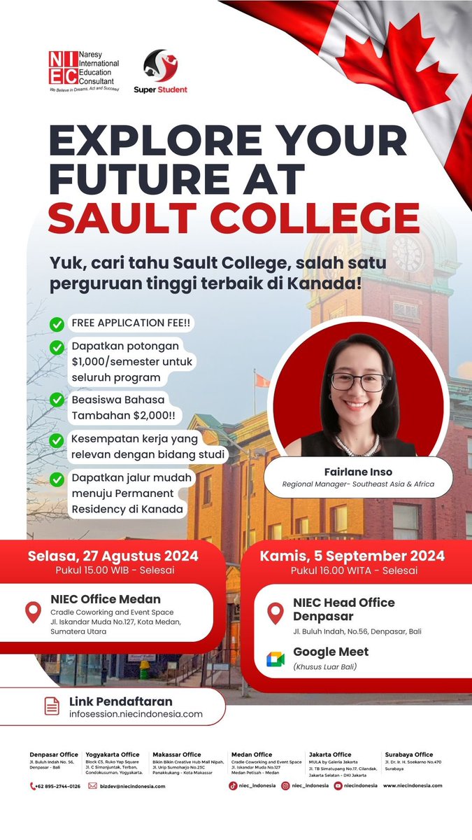 Tutor Sukses Berkarier di Kanada?
di Sault College Aja Dong!

✅ Biaya Kuliah Terjangkau 
✅Magang Berbayar di Kanada
✅ Garansi Transfer ke Universitas 
✅ Tinggal dan Kerja di Kanada 
DLL

Daftar GRATIS di sini ya yang belum👇
infosession.niecindonesia.com/detail/explore…