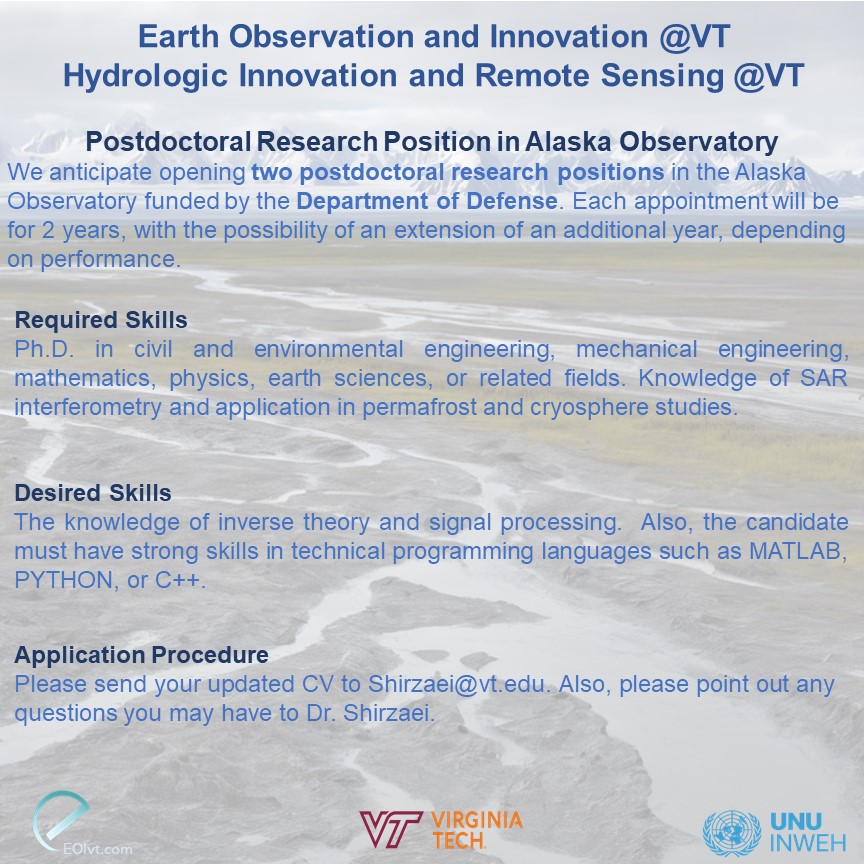 **** Postdoctoral Research Position ****
Supported DoD (<a href="/DeptofDefense/">Department of Defense 🇺🇸</a>), <a href="/EOI_lab/">Earth Observation & Innovation @VT</a> and <a href="/HIRSlab/">Hydrologic Innovation & Remote Sensing @VT</a> of <a href="/VT_Science/">Virginia Tech Science</a> are establishing the #AlaskaObservatory, to research #permafrost dynamics in face of #climatechange, #flooding hazards and #infrastructure vulnerabilities in #Alaska. we