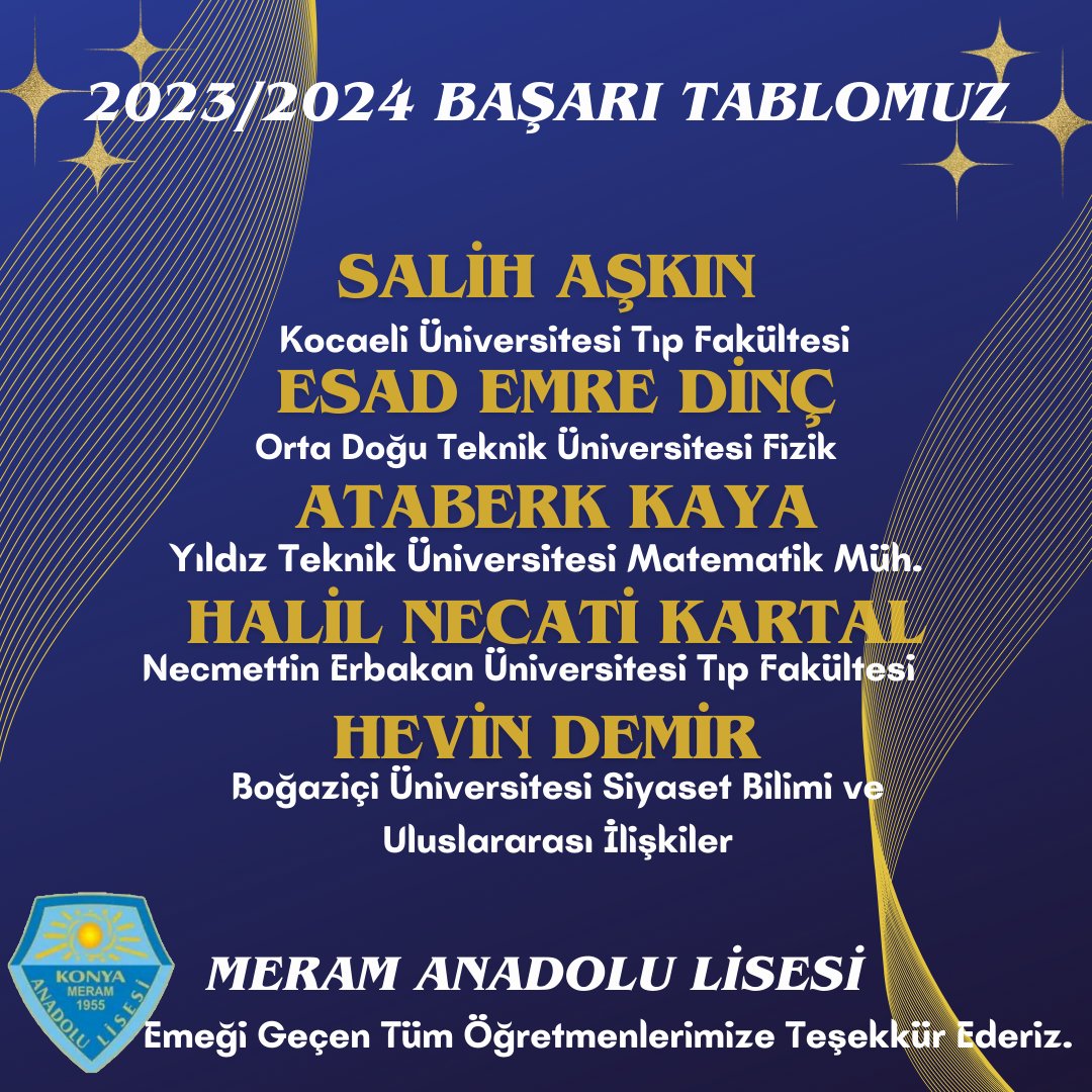 MeramAnadolu42's tweet photo. 2024 YKS GURUR TABLOMUZ –2
#BirMeramAnadoluLisesiKlasiği 
#2024YKSYerleştirmeSonuçları 
@konyamem 
@meramMEM 
@gokhanmurat1 
@mustafakoca42 https://t.co/mjnB97PFvR