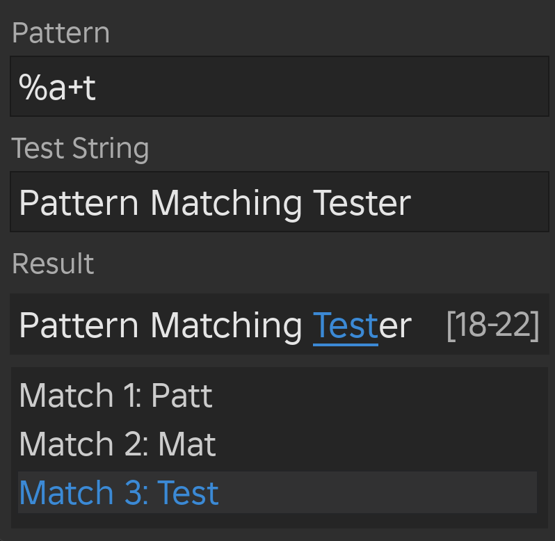 BitwiseAndrea's tweet image. Get your very own free Lua pattern matching tester plugin today 🎉

Never wonder again what is or isn&apos;t captured by the growing number of patterns you&apos;ve written against your better judgement 🙈

create.roblox.com/store/asset/91…

#Roblox #RobloxDev
