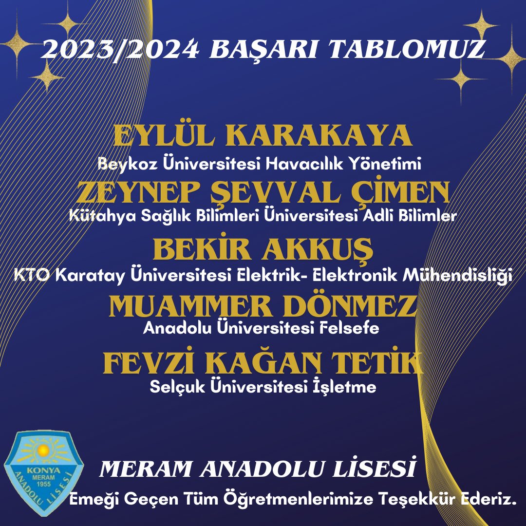 MeramAnadolu42's tweet photo. 2024 YKS GURUR TABLOMUZ –6
#BirMeramAnadoluLisesiKlasiği 
#2024YKSYerleştirmeSonuçları 
@konyamem 
@meramMEM 
@gokhanmurat1 
@mustafakoca42 https://t.co/nezMX0NJIL