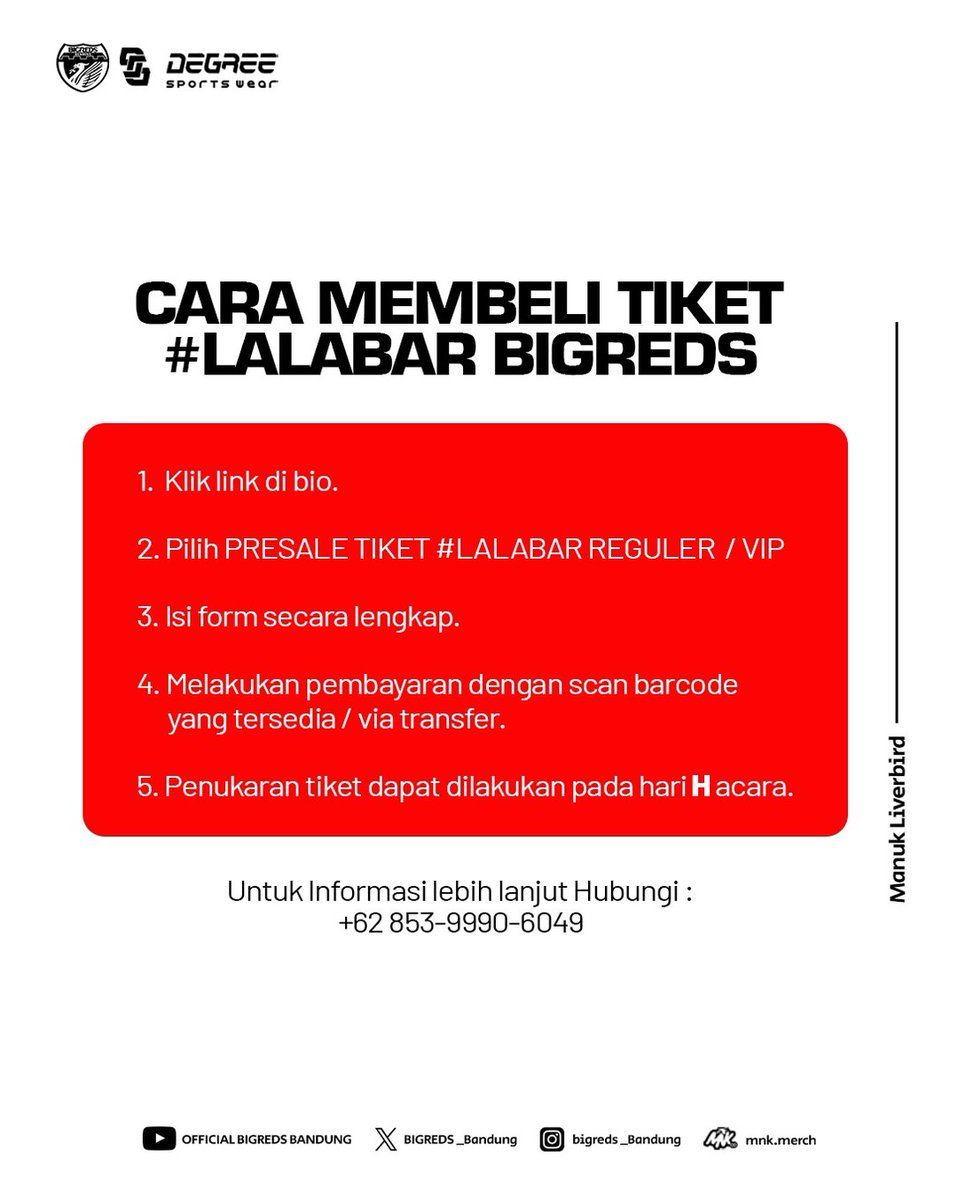 BIGREDS_Bandung's tweet photo. PRESALE TIKET #LALABAR LFC v MU @ Ludo Sports Bar
-
Syarat dan Ketentuan:
1. 1 Orang maksimal bisa membeli 3 tiket
2. Laki-laki dan perempuan dewasa wajib membeli tiket
3. Anak berusia di atas 6 tahun wajib membeli tiket
4. Harga Tiket Include Produk
Reguler: 55k
Tiket VIP: 65k https://t.co/oCB6Rqlnuq