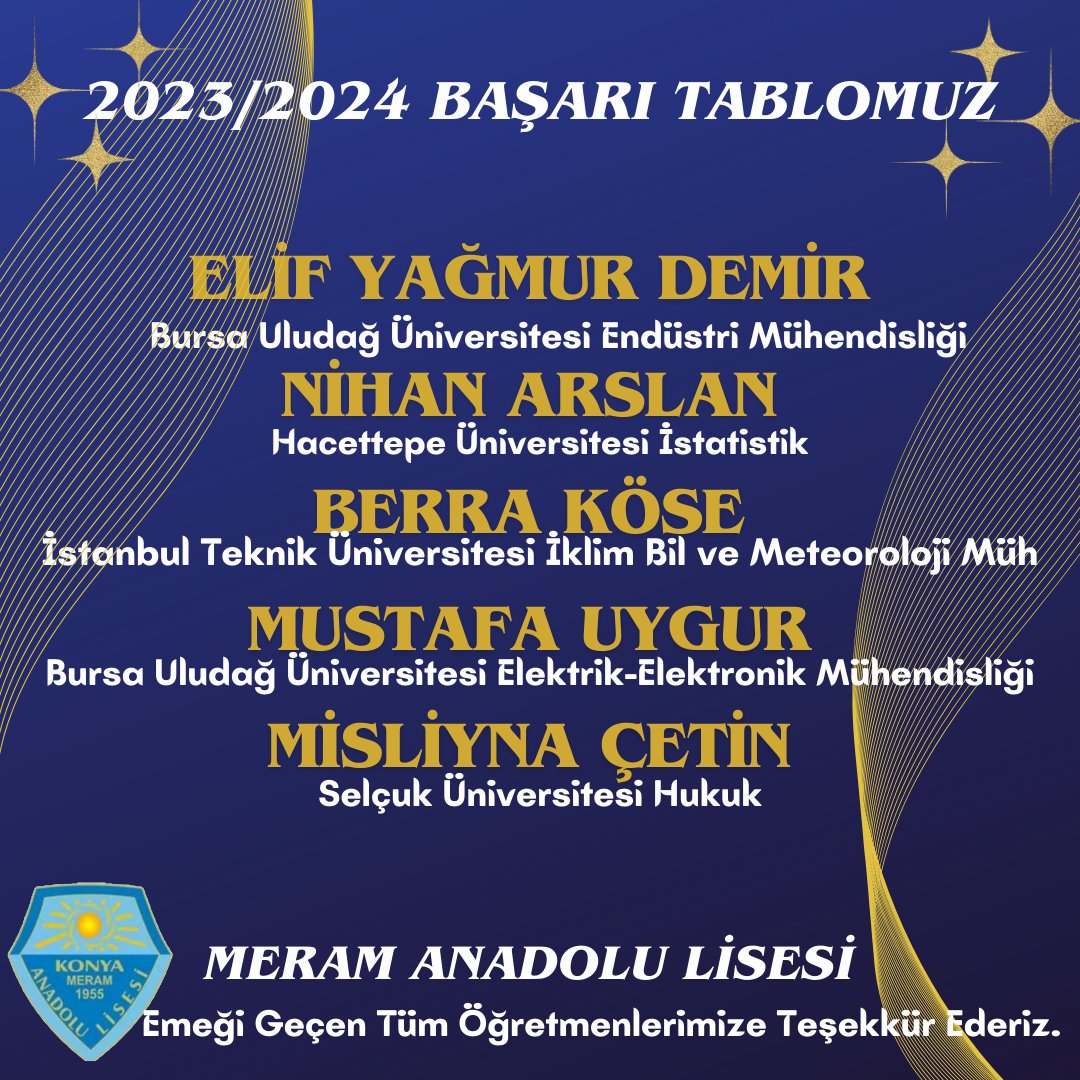 MeramAnadolu42's tweet photo. 2024 YKS GURUR TABLOMUZ –5
#BirMeramAnadoluLisesiKlasiği 
#2024YKSYerleştirmeSonuçları 
@konyamem 
@meramMEM 
@gokhanmurat1 
@mustafakoca42 https://t.co/ppvQgaFC0r