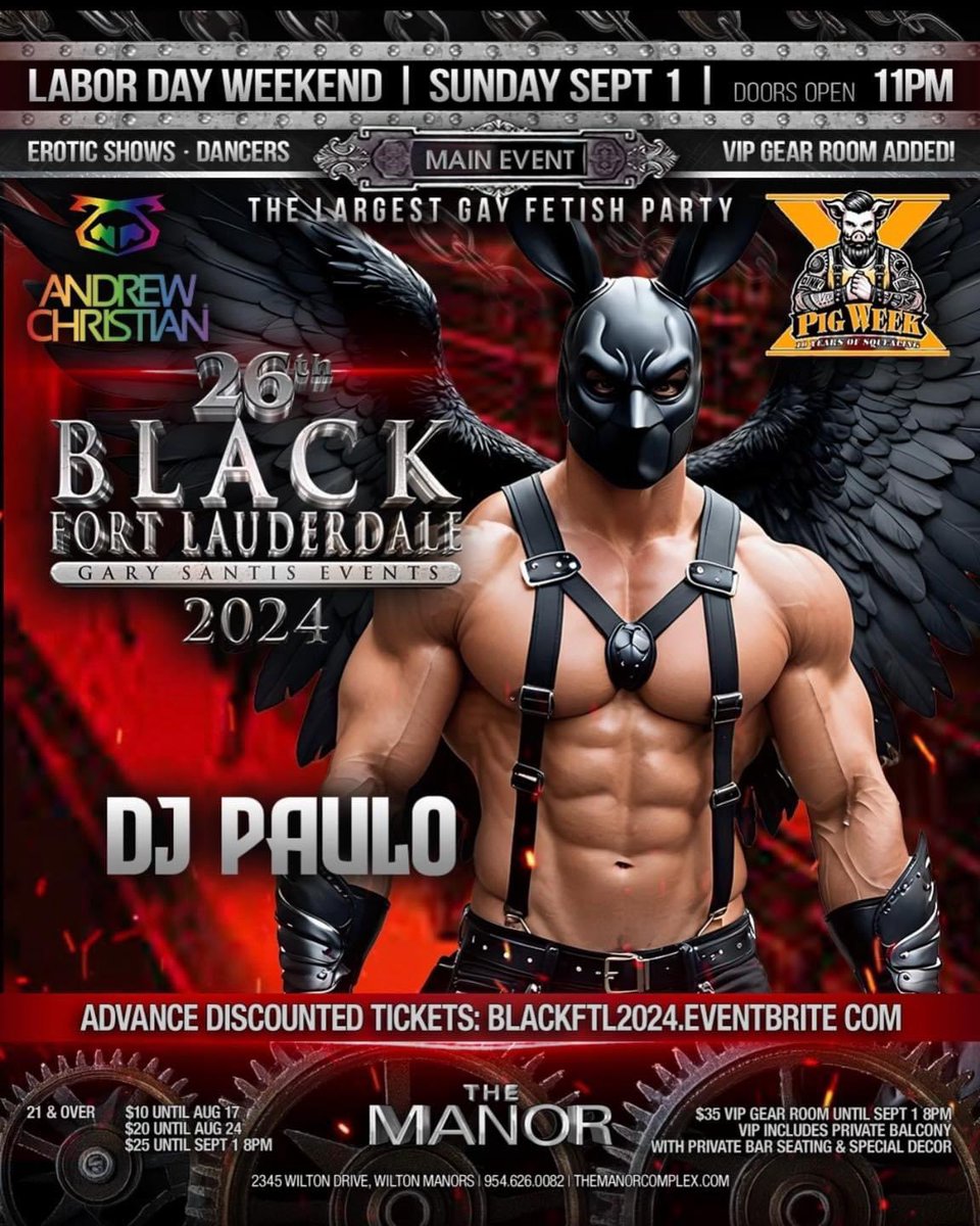 Fort Lauderdale 
This Sunday…. The Manors Black Party always an Epic event … the VIP M4M upstairs lounge will be dark and 🔥🔥🔥
Use my $10 disc : codesal so gen admission will be only $15 or VIP will only be $25
You can share my disc code w your friends
Hope to see you there