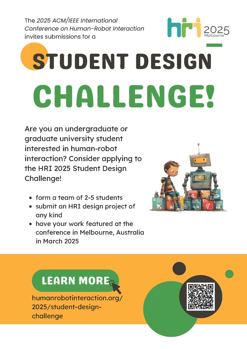 🚨🗣️Apply to the Student Design Challenge! 🤖
More info here: humanrobotinteraction.org/2025/student-d…