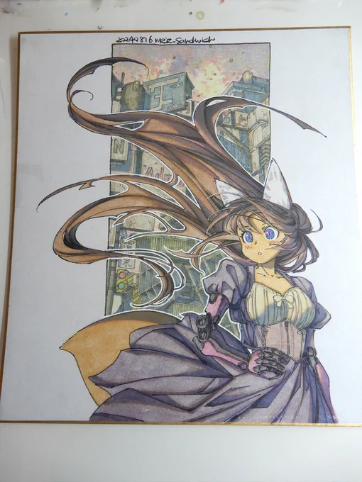 【アナログ2170:夜明けの風が髪を解く日】少し久しぶりに背景が結構重い絵。服の色に結構迷いました。 #水彩 #原画 #色紙 #狐娘