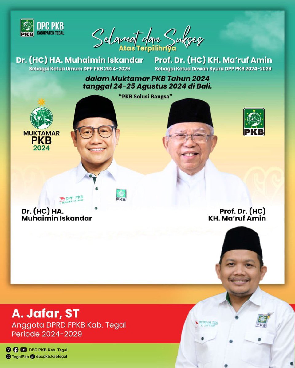 dj4far's tweet image. selamat atas terpilihnya :

Prof. Dr. (HC) KH. Ma’ruf Amin
Sebagai Ketua Dewan Syura DPP PKB 2024-2029

dan

Dr. (HC) HA. Muhaimin Iskandar
Sebagai Ketua Umum DPP PKB 2024-2029

@cakiminow @dpp_pkb
@gusyusufchannel @dpwpkbjateng
@dpc_pkb_kab
