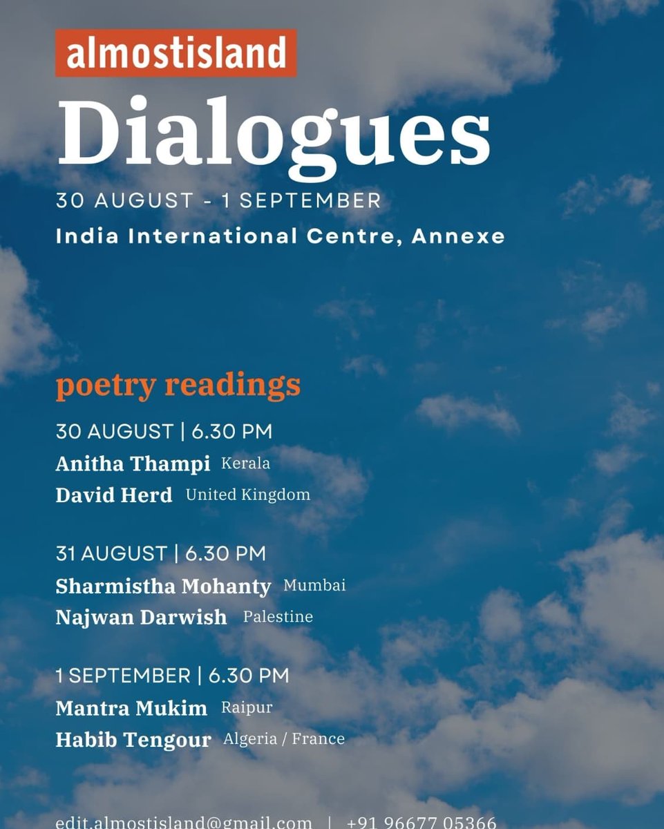#DelhiNCR the @almost_island Dialogues is happening on 30 Aug - 1 Sep at the IIC Annexe. 
Come by for three evenings of great conversations and poetry.