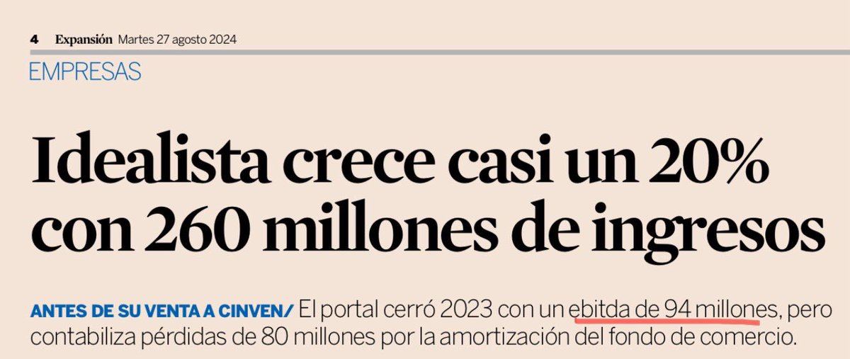 davmiranda's tweet photo. Con un Ebitda de €94M, la compra de Idealista por Cinven el pasado mes de junio a una valoración (Enterprise Value) de €2.900M fue a un múltiplo de Ebitda de más de 30x. 

Wow! https://t.co/6Tl9TXoCH2