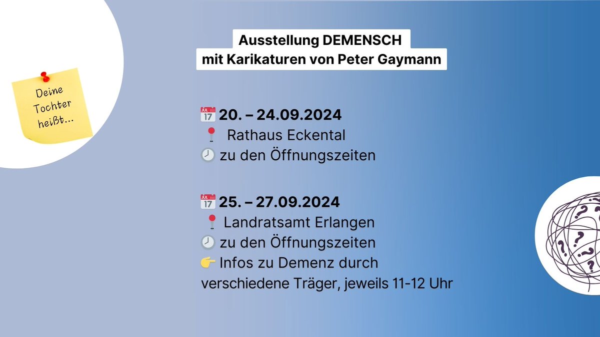 LRA_ERH's tweet photo. 🧠 Vorabinfo fürs Langzeitgedächtnis:

Von 20. - 29.09.2024 beteiligt sich der Landkreis Erlangen-Höchstadt wieder mit verschiedenen Aktionen an der Bayerischen Demenzwoche.

ℹ️ Mehr Infos zu den Veranstaltungen im Landkreis &amp; in @erlangen_de: https://t.co/TZKFlZKmkl https://t.co/vkZDGLHBMw