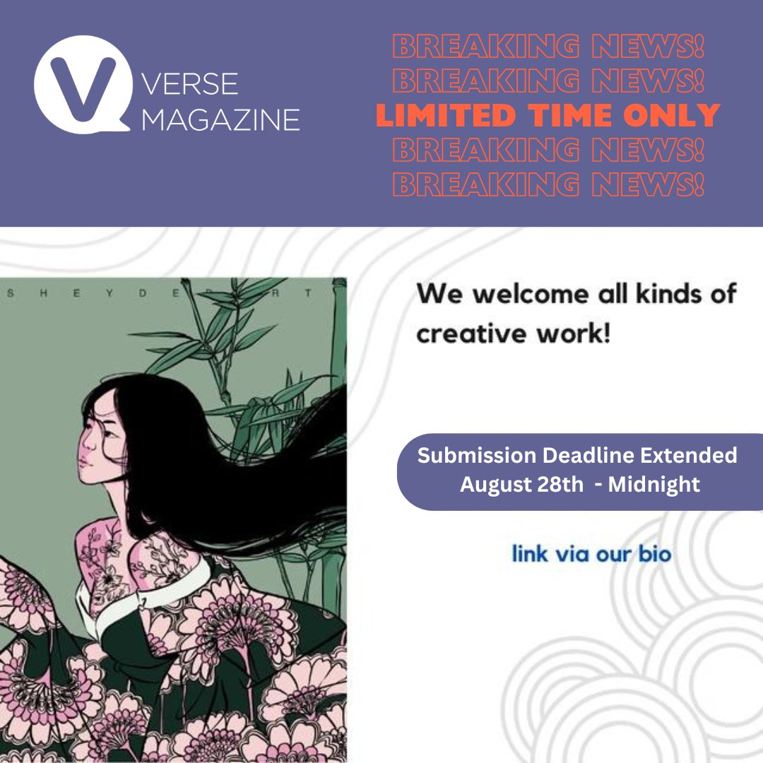 Final call for 2024!⁠
⁠
We're so excited about this final edition the team has extended the submission deadline until August 28!
⁠
This is it, folks. Dig deep and find your best written or artwork for a chance to be published:

Submit Now: ⁠versemag.com.au/submit
 ⁠
