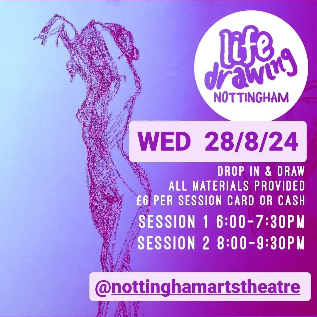 LifeDrawNottm's tweet photo. Come and join us this Wednesday for some life drawing at Nottingham Arts Theatre! We start at 6pm for the tutored session and 8pm for the untutored version. Its £6 per session and all materials are provided - we accept card &amp; cash so you can just drop in and get your art on! https://t.co/HK31Y0JQpU
