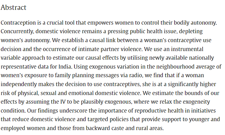 Just accepted: "Power to choose? Examining the link between contraceptive use decision and domestic violence", by Ojha and Babbar. Link: doi.org/10.1016/j.ehb.…