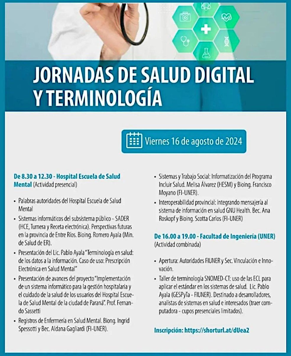Conoce al equipo de #GNUHealth en Argentina y los proyectos que se están realizando en los ámbitos de #AtenciónPrimaria, #SaludMental y #MedicinaSocial en el país. 
Este viernes, en el Hospital Escuela de Salud Mental y la Univ. Nacional de Entre Ríos. 🏥♥️
#GNU #CienciaAbierta