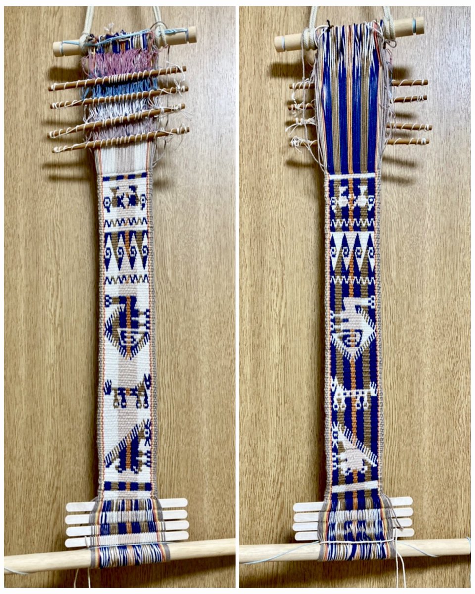 YasuKosode's tweet photo. アンデス模様の両面織り。2日間の講習+自宅2日間で完成。4枚綜絖と糸に付く毛玉に難儀したけど、綜絖が開かなくなるギリギリの長さまで織った。
とても時間かかる模様は、織ることが祈りであると知る。技法を作った人達と伝える人達へ敬意と感謝を送ります。
#腰機織り #backstrapweaving https://t.co/D7z6nlGpzL
