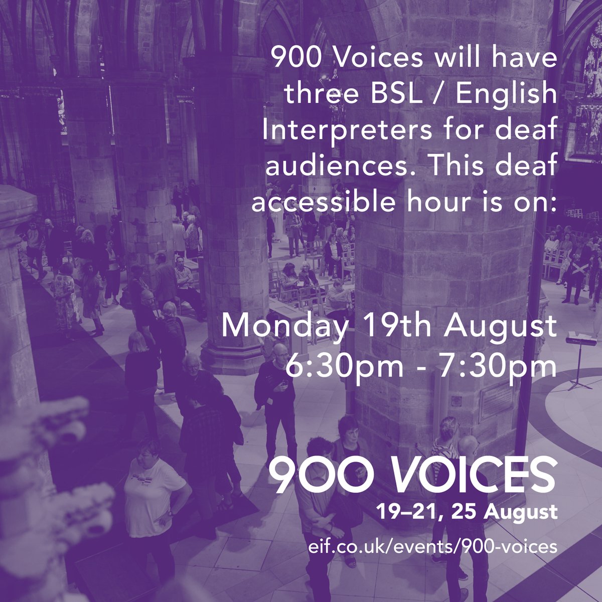 900 Voices will have 3 BSL / English Interpreters for deaf audiences:  Monday 19th August: 6:30pm-7:30pm eif.co.uk/events/900-voi……

<a href="/EdinDeafFest/">Edinburgh Deaf Festival</a>
#DeafFestivalAccess #AccessibleFringe #EdinburghDeafFestival

<a href="/edintfest/">Edinburgh International Festival</a> <a href="/soundslikezoe/">Zoë Irvine</a> <a href="/jules_rawlinson/">Jules Rawlinson</a> <a href="/Lippi/">Michał Zygmunt</a>
<a href="/StGilesHighKirk/">St Giles' Cathedral</a>