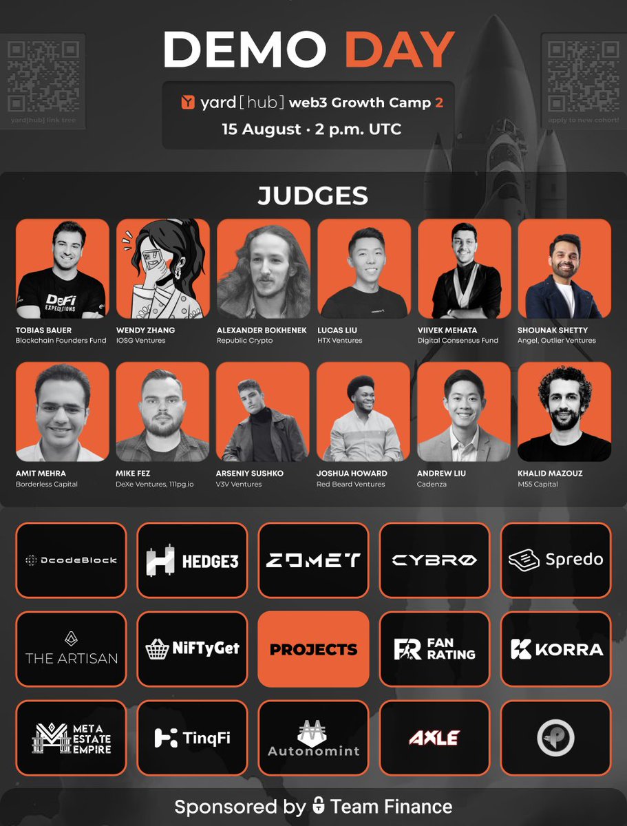 🚀 Final Demo Day is Here! 🚀

The moment we've all been waiting for has arrived – today marks the final Demo Day for the web3 Growth Camp 2! Founders will be pitching their projects to a panel of VCs, showcasing the hard work and progress they've made throughout the program.

👥
