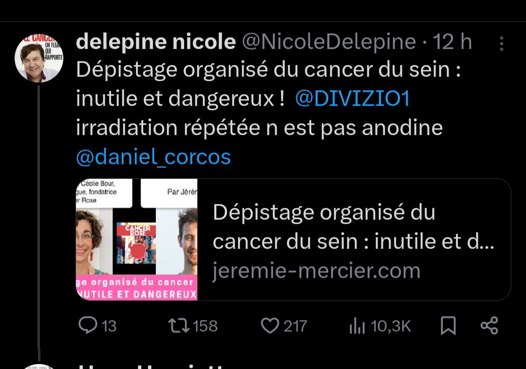 LoreiKitren's tweet photo. Ça faisait (pas assez) longtemps...
Le dépistage du cancer du sein, c'est caca...
Et tant pis si le dépistage précoce permet de sauver des vies, hein...
Où signale-t-on ce genre de propos dangereux pour la santé publique ? https://t.co/N7d5Rd0wwu