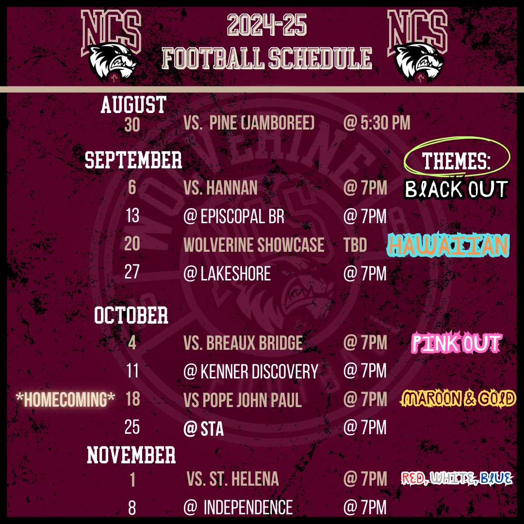 NCSCovington's tweet image. THE  Wolverine Football Schedule is OUT! Make sure to save the dates and mark those home games so you can come and tailgate with us!!!! If you are wanting to reserve a spot for tailgating, please click this link: emailmeform.com/builder/form/2… 
 #WeAreNorthlake