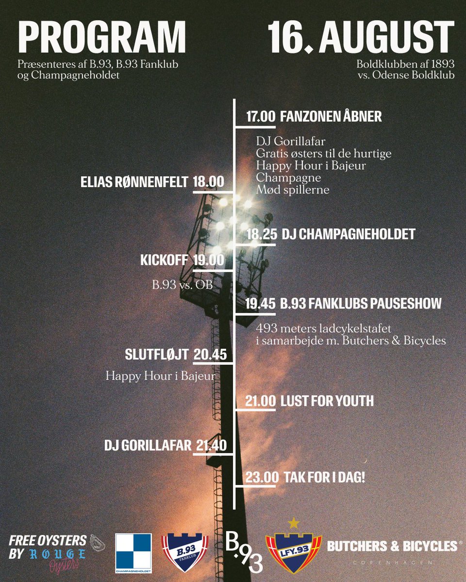 Østerbro Stadion bliver fredag klædt på til fest, derfor har vi sammen med B.93 Fanklub og Champagneholdet forberedt en aften med god musik, mad, drikke og underholdning. Skynd dig at hente din billet, inden der meldes udsolgt ⤵️

boldbillet.dk/show/event/b93…

📸 Sofie Hvenegaard.
