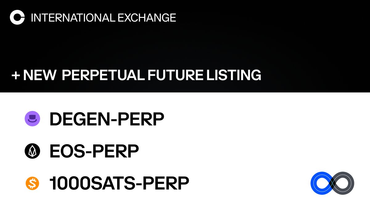 Our DEGEN-PERP, EOS-PERP, and 1000SATS-PERP markets are now in full-trading  mode on Coinbase International Exchange and Coinbase Advanced. Limit,  market, stop, and stop limit orders are all now available. $DEGEN $EOS $SATS