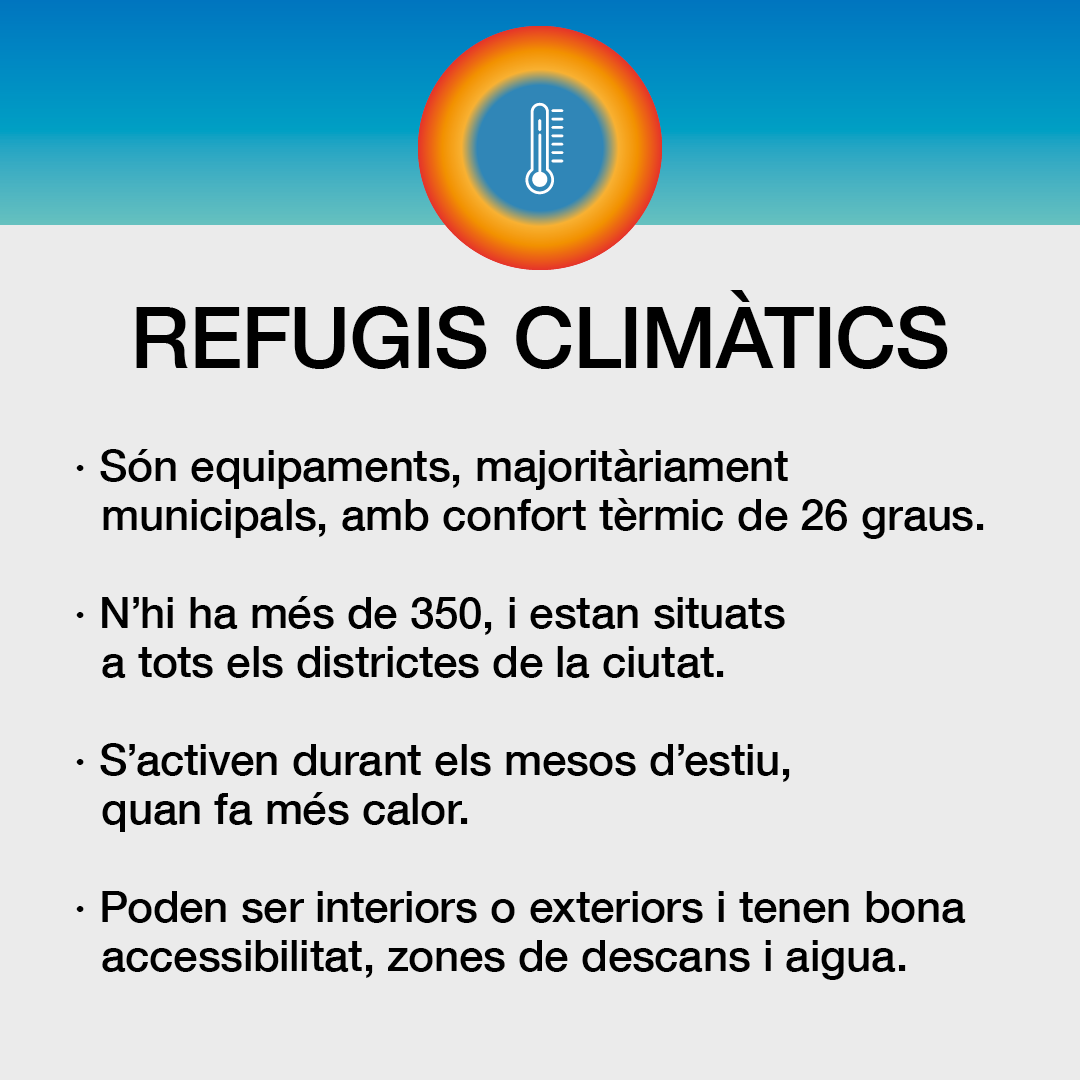 bcn_hg's tweet photo. A la ciutat hi ha més de 350 refugis climàtics per fer front a la calor durant els mesos d'estiu.

S'han ampliat perquè tothom en tingui un a menys de 10 minuts de casa.

https://t.co/slXUzcPHjK https://t.co/vnjSVFNulf