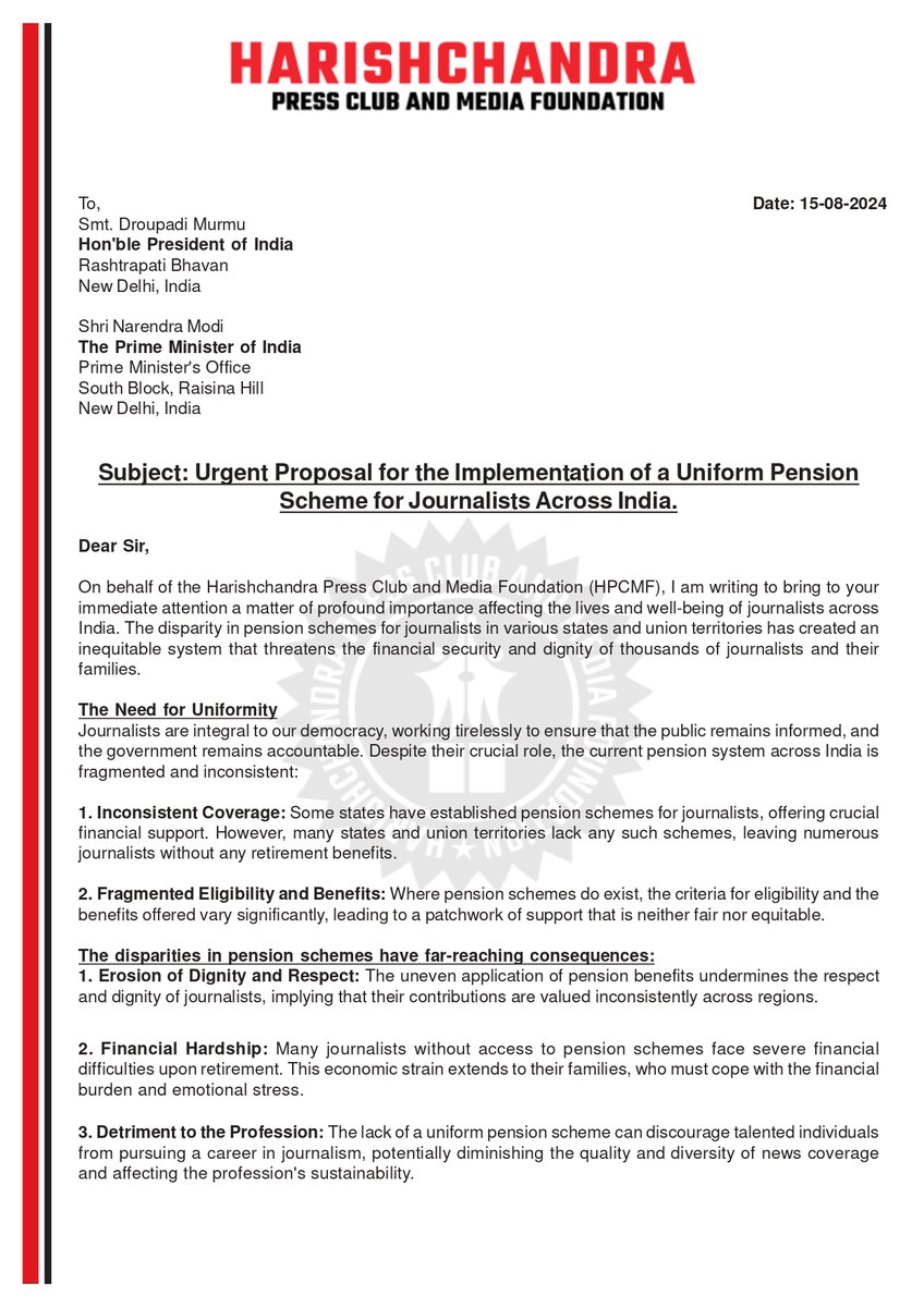HPCMF_Org's tweet image. Proposal for the Implementation of a Uniform Pension 
Scheme for Journalists Across India.