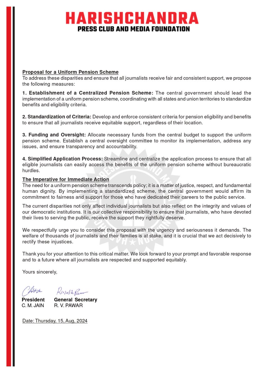 HPCMF_Org's tweet image. Proposal for the Implementation of a Uniform Pension 
Scheme for Journalists Across India.