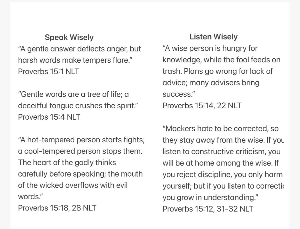 TonyDungy's tweet photo. Proverbs Chapter 15 has a lot to say about our tongues and our ears. Solomon says a wise person speaks truth but does it in a gentle, loving way. The goal is to be helpful. A wise person listens well to grow in knowledge & righteousness. Fools speak rashly & don’t want advice because they think they know it all. I have tried to model after my dad who always spoke wisdom in a kind way and was also a great listener.