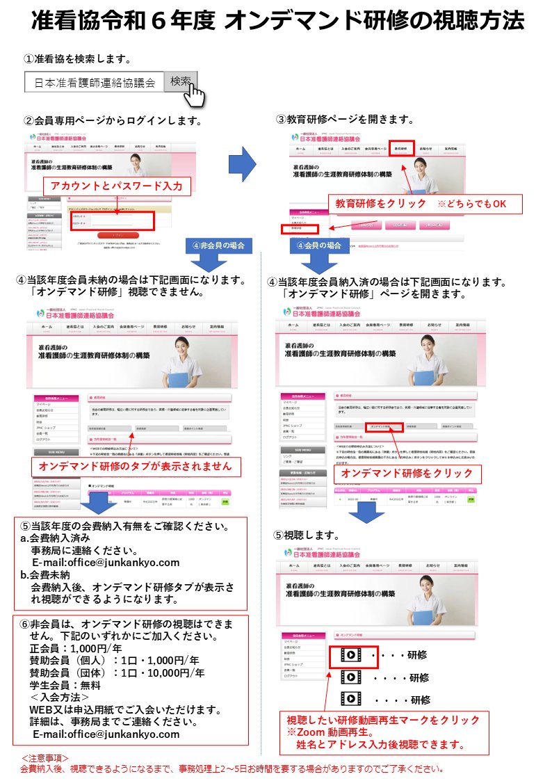 junkan_office's tweet photo. 令和6年度オンデマンド研修配信を実施することになりました。 9月中下旬より配信できるよう準備中（R7.3月末まで配信）。
当会会員のみ無料視聴可能。
学生から看護職まで学習できる内容です。
年会費は、看護学生無料。准看護師・看護師は、正会員加入1,000円。 
入会案内https://t.co/zZRgCuz5L9 https://t.co/gQ8KNJSyHX